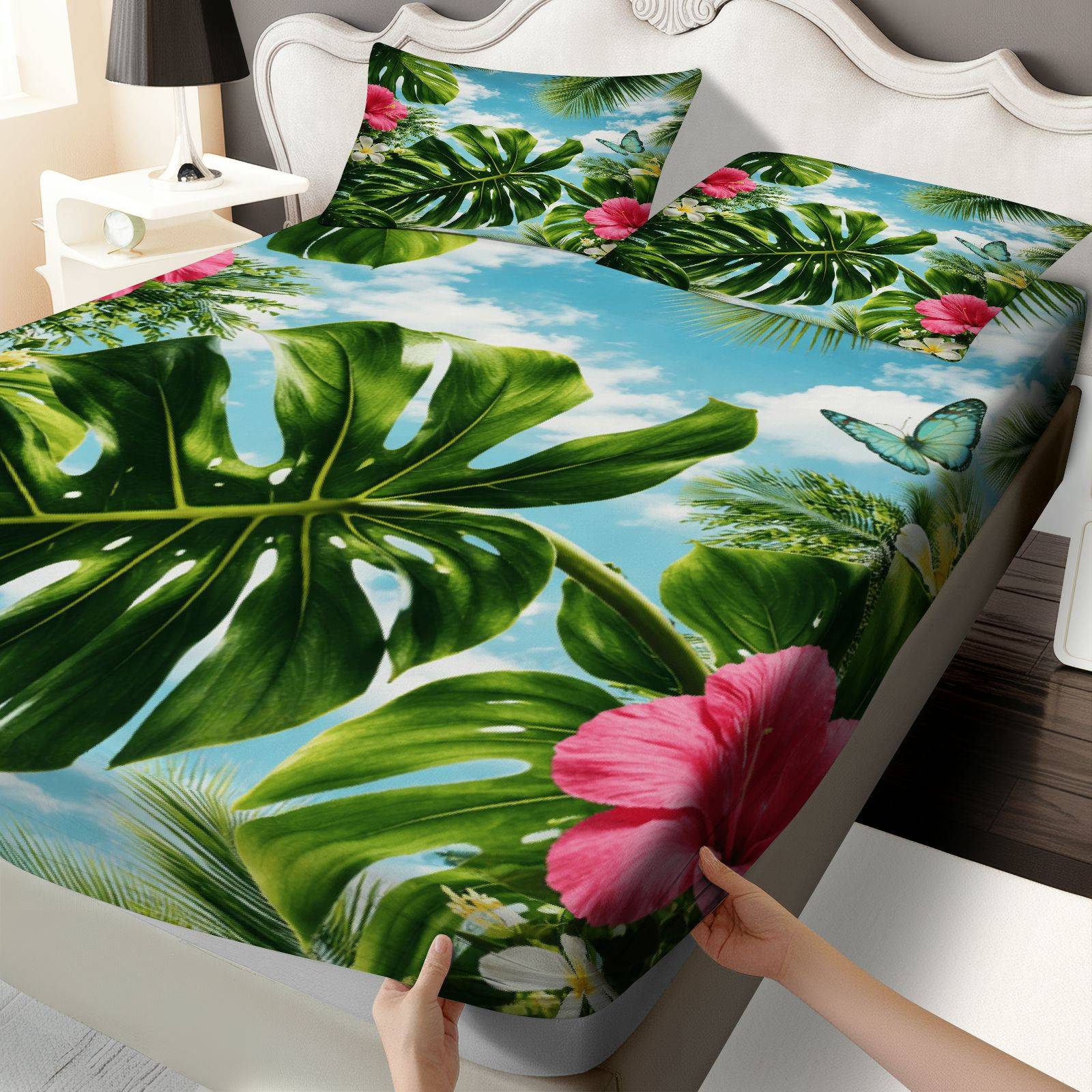 Fitted Sheet Deep - トロピカルハイビスカス柄ベッドシーツセット、サマーテーマ、トロピカルフローラル寝具、マットレスプロテクター、3点寝具セット（フィットシーツ1枚＋枕カバー2枚を含む）、大容量ディープポケット2Dプリントフィットシーツと枕カバー2枚、寝具マットレスプロテクター、伸縮性のあるフィットシーツスタイル、保護カバー、マットレスプロテクター、オールシーズン対応、洗濯機で洗えるデザイン、ホリデーデコレーション、各種サイズ、通気性のある保護カバーと枕カバー。