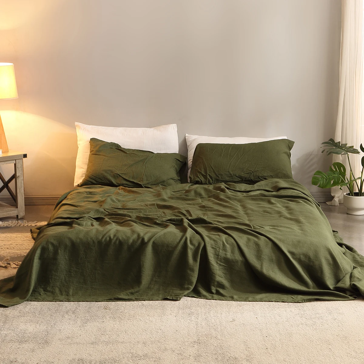 Fitted Sheet Deep - ピュアリネン寝具セット、フラットシート1枚、ディープポケットフィットシート1枚、枕カバー2枚、フレックスシート、4個