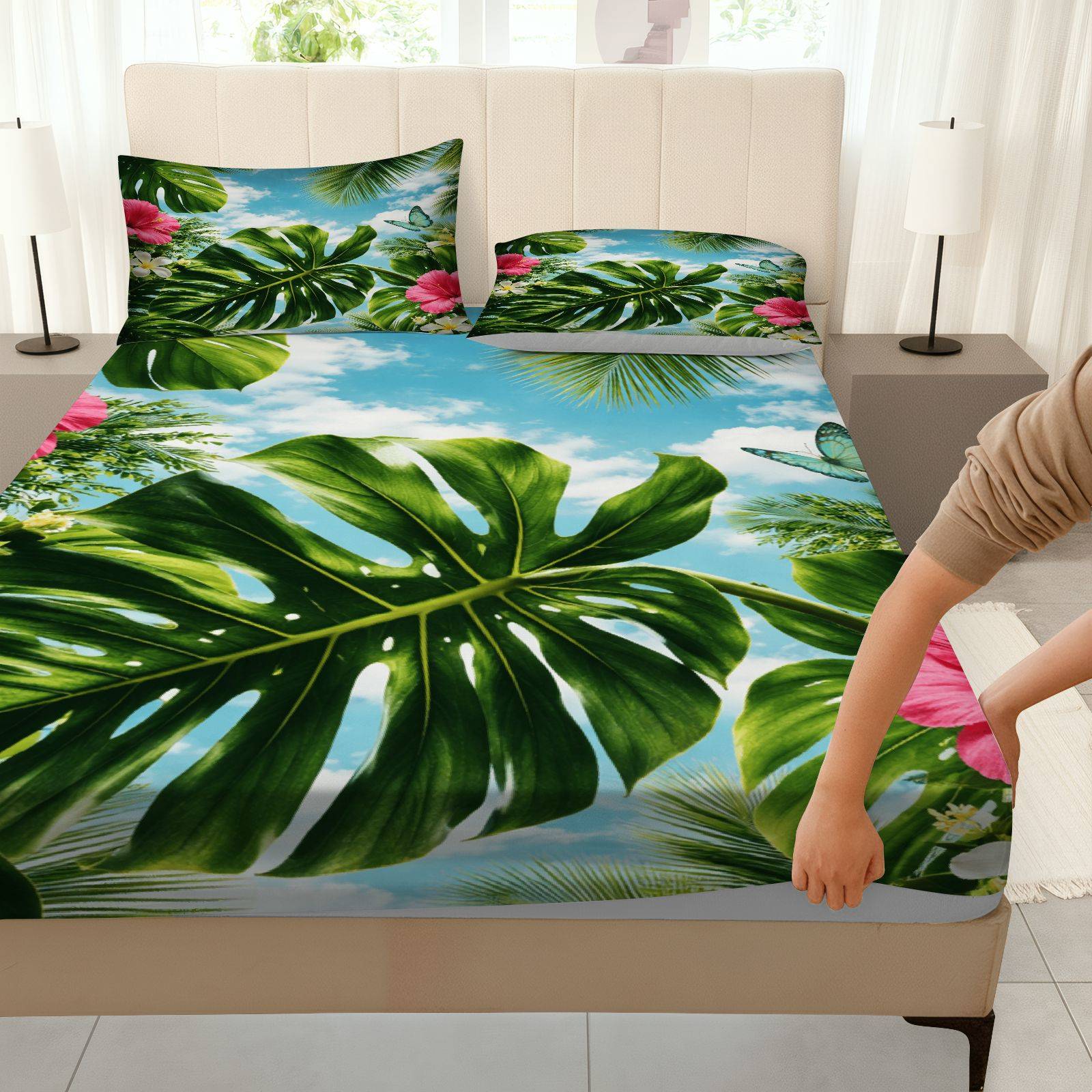 トロピカルハイビスカス柄ベッドシーツセット、サマーテーマ、ト - Fitted Sheet Deep のレビューと価格