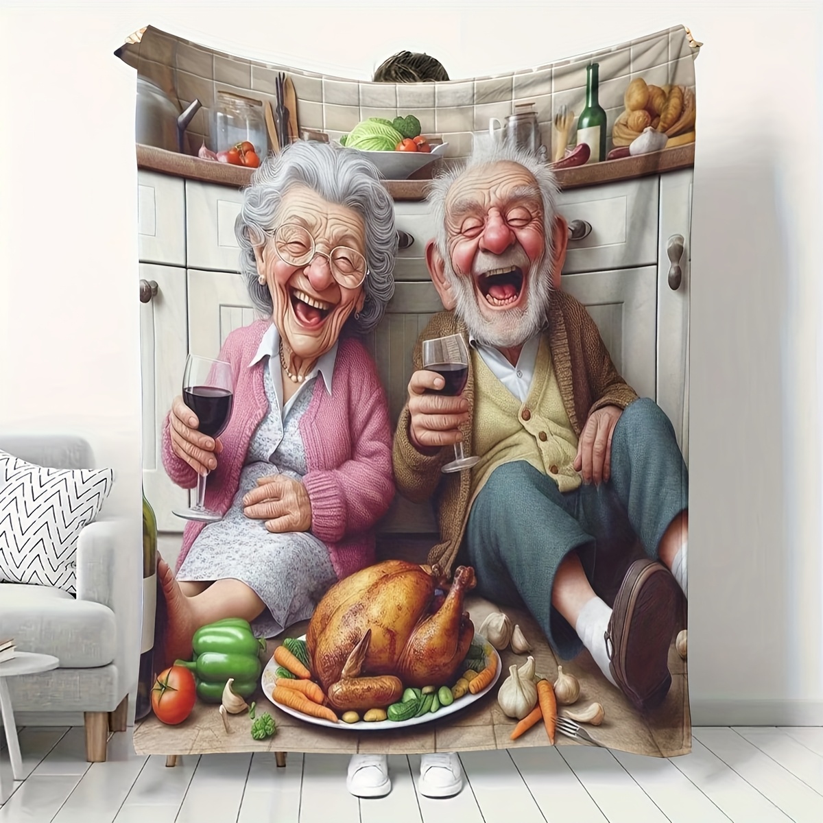 面白い漫画の老夫婦が七面鳥のロースト料理と赤ワインを楽しむ温 - Home Textiles Turkey のレビューと価格